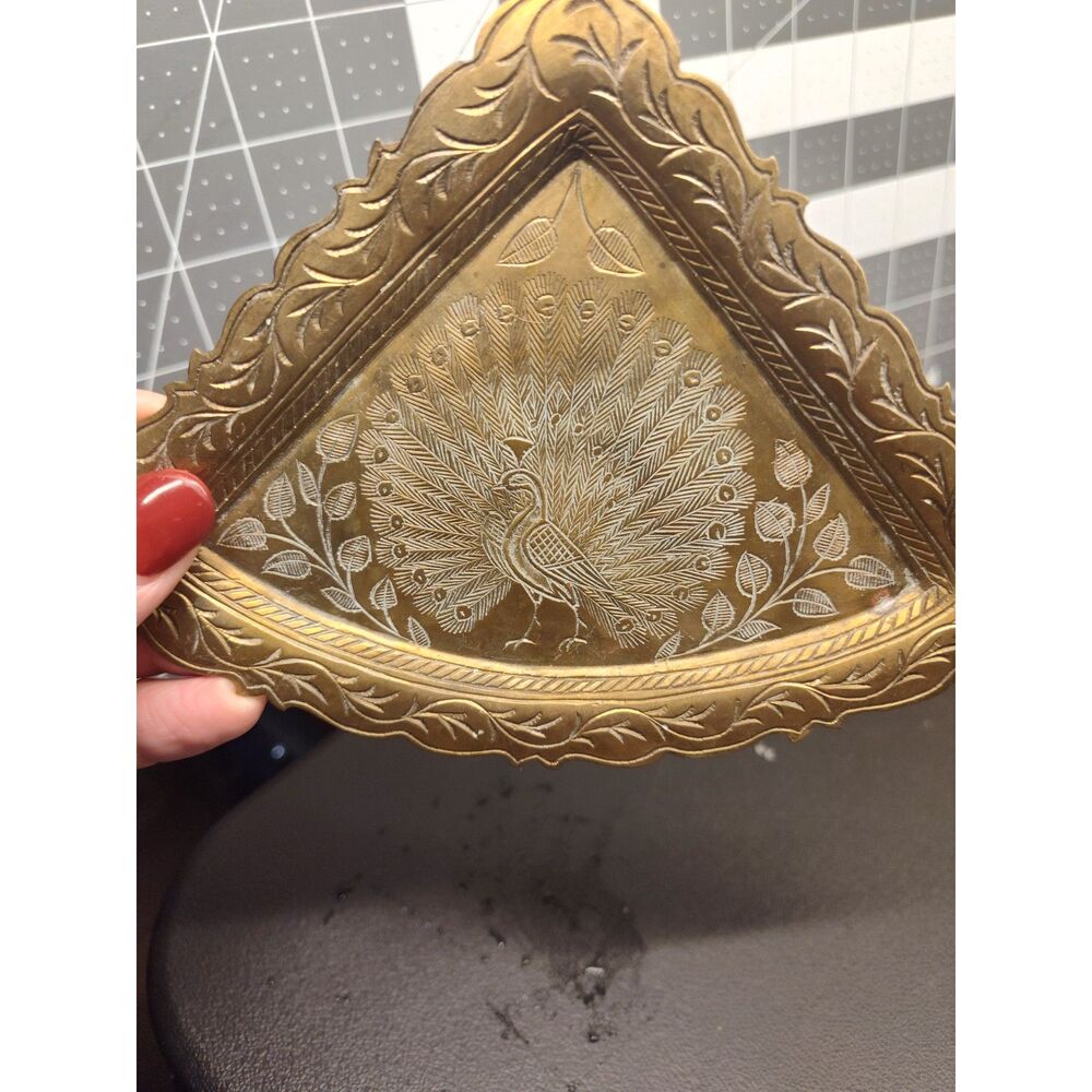 Vintage Benares (Varanasi) Brass Dish with Engraved Peacock